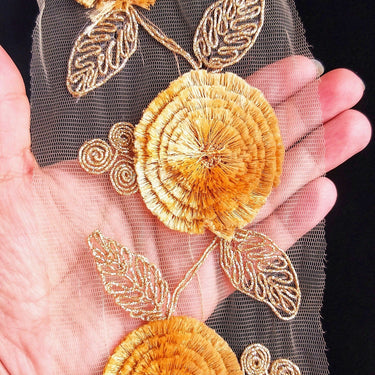 Beige Net Lace Trim With Blue / Beige / Red Thread Flowers and Gold Leaves Embroidery, Approx. 95mm wide